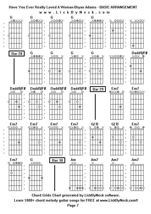 Chord Grids Chart of chord melody fingerstyle guitar song-Have You Ever Really Loved A Woman-Bryan Adams - BASIC ARRANGEMENT,generated by LickByNeck software.